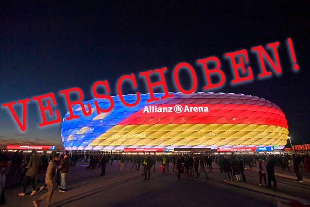 FOTOMONTAGE ARCHIVBILD! 25.09.2018, Fussball 1. Bundesliga 2018 2019, 5. Spieltag, FC Bayern München - FC Augsburg, in der Allianz-Arena München. Die Aussenfassade der Arena ist mit den Farben mit der Europa-Flagge und der Deutschlandfahne zur EM-2024 Bewerbung beleuchtet. Aktuell 10.03.2020, Fussball-EM 2020, Absage und Verschiebung steht im Raum, wegen dem Corona-Virus.