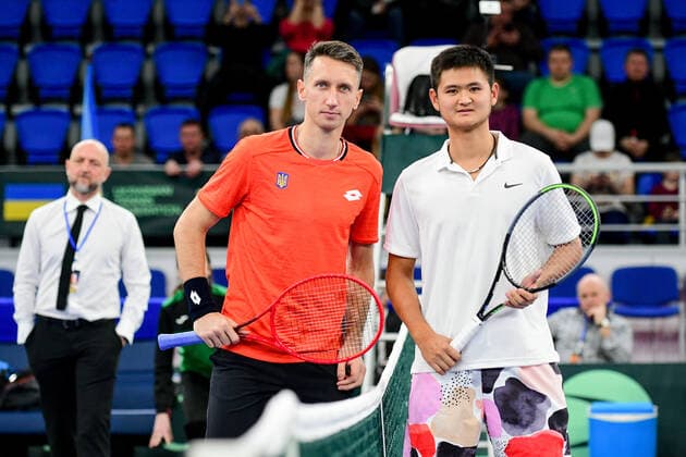 ZAPORIZHZHIA, UKRAINE - MARCH 7, 2020 - Sergiy Stakhovsky (R) of Ukraine and Tung-Lin Wu of Chinese Taipei are pictured during the Davis Cup World Group I First Round Play-Offs tie at the Yunist Palace of Sports, Zaporizhzhia, southeastern Ukraine. Davis Cup: Sergiy Stakhovsky defeats Tung-Lin Wu in Zaporizhzhia  Copyright: xDmytroxSmolyenkox