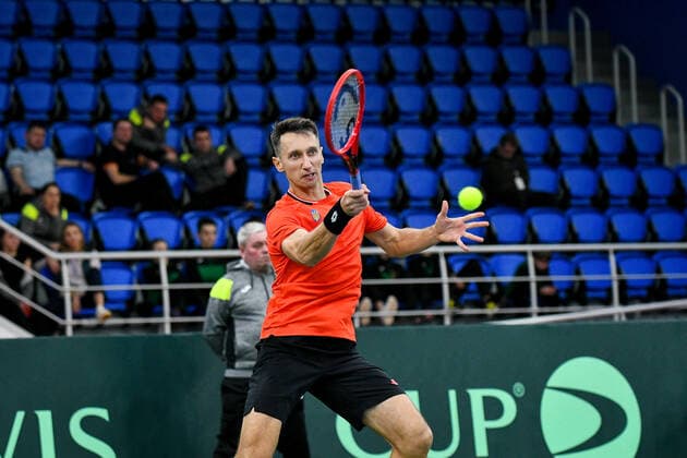ZAPORIZHZHIA, UKRAINE - MARCH 7, 2020 - Sergiy Stakhovsky of Ukraine is pictured during a match (7: 6, 4: 6, 6: 3) with Tung-Lin Wu of Chinese Taipei during the Davis Cup World Group I First Round Play-Offs tie at the Yunist Palace of Sports, Zaporizhzhia, southeastern Ukraine. Davis Cup: Sergiy Stakhovsky defeats Tung-Lin Wu in Zaporizhzhia  Copyright: xDmytroxSmolyenkox