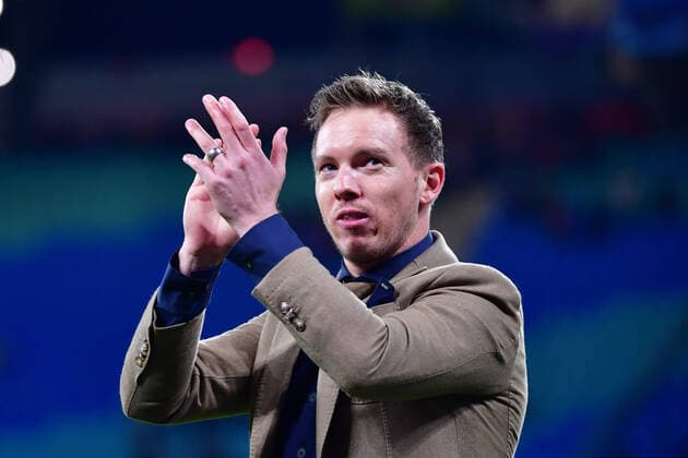 Fußball Champions League Achtelfinale RB Leipzig - Tottenham Hotspur am 10.03.2020 in der Red Bull Arena in Leipzig Julian Nagelsmann ( Cheftrainer Leipzig ) feiert den Sieg mit den Fans DFL Regulations prohibit any use of photographs as image sequences and or quasi video.