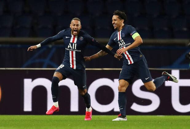 Sport Bilder des Tages Soccer Football - Champions League - Round of 16 Second Leg - Paris St Germain v Borussia Dortmund - Parc des Princes, Paris, France - March 11, 2020 Paris St Germain s Neymar celebrates scoring their first goal with Marquinhos FOOTBALL : Paris St Germain v Borussia Dortmund - Ligue des Champions - Paris - 11 03 2020 Panoramic Panoramic 