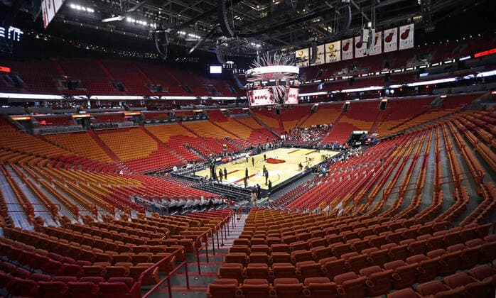 March 11, 2020, Miami, FL, USA: A view of the empty AmericanAirlines Arena before the start of an NBA, Basketball Herren, USA basketball regular season game between the Miami Heat and the Charlotte Hornets on Wednesday, March 11, 2020 in Miami. The Golden State Warriors announced Wednesday they will play games without fans in their San Francisco arena because of the coronavirus. Miami USA - ZUMAm67_ 20200311_zaf_m67_010 Copyright: xDavidxSantiagox
