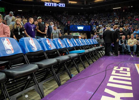 March 11, 2020, Sacramento, CA, USA: The Sacramento Kings bench is empty at Golden 1 Center on Wednesday, March 11, 2020 in Sacramento as the NBA, Basketball Herren, USA suspends season after JazzÃ¢â‚¬â ¢s Rudy Gobert tests positive for coronavirus. Sacramento USA - ZUMAj89_ 20200311_zaf_j89_007 Copyright: xPaulxKitagakixJr.x