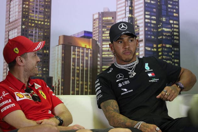 12th March 2020; Melbourne Grand Prix Circuit, Melbourne, Victoria, Australia; Formula One, Australian Grand Prix, Arrivals Day; Mercedes AMG Petronas, Lewis Hamilton and Scuderia Ferrari, Sebastian Vettel  ActionPlus12217169 Octane