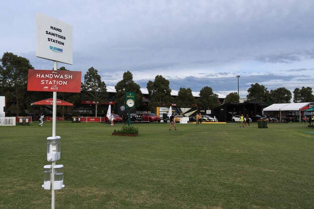 13th March 2020; Melbourne Grand Prix Circuit, Melbourne, Victoria, Australia; Formula One, Australian Grand Prix, Practice Day; Hand wash station in an empty fan area  ActionPlus12217367 Octane