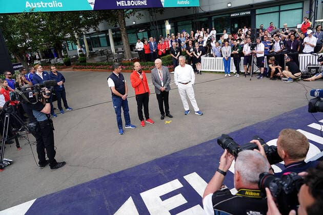 FORMULA 1 ROLEX AUSTRALIAN GRAND PRIX 2020 13.03.2020, Albert-Park, Melbourne, FORMULA 1 ROLEX AUSTRALIAN GRAND PRIX 2020 , im Bild Das Rennen in Melbourne ist abgesagt worden, Grund die Ausbreitung des Coronavirus (COVID-19) Pressekonferenz zur Absage des Rennens mit Andrew Westacott (CEO des Grand Prix von Australien), Chase Carey (Vorsitzender der Formel 1 Liberty Media),Paul Little (Vorsitzender des Grand Prix von Australien), Michael Masi (FIA Renndirektor)