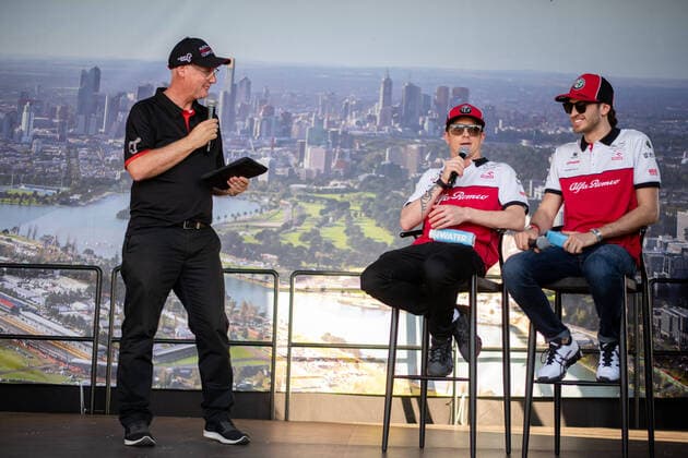 Kimi Raikkoenen (Alfa Romeo Racing Orlen) und Antonio Giovinazzi (Alfa Romeo Racing Orlen) beim Fantalk, Formel 1, Grosser Preis von Australien, Albert Park Circuit Melbourne, Media Day, 12.03.2020. Formel 1, Grosser Preis von Australien, Albert Park Circuit Melbourne, 12.03.2020 Melbourne Copyright: xMemmlerx Eibner-Pressefotox EP_mmr