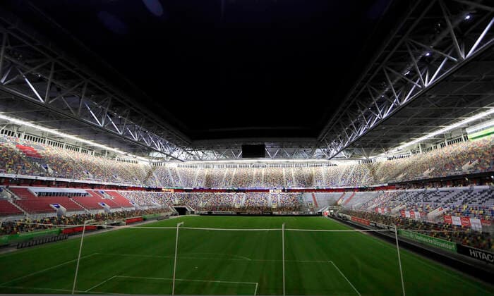 Fußball, Stadiongeschichte Fortuna Düsseldorf MERKUR SPIEL ARENA Duesseldorf Freitag Abend 20 Uhr leer und unter Notbeleuchtung Spielabsetzung der DFL die Lichter gehen aus DFL Fussball Bundesliga Saison 2019 - 2020 Spiel Fortuna - SC Paderborn am 13. 03. 2020 in Duesseldorf DFL REGULATIONS PROHIBIT ANY USE OF PHOTOGRAPHS as IMAGE SEQUENCES and or QUASI-VIDEO