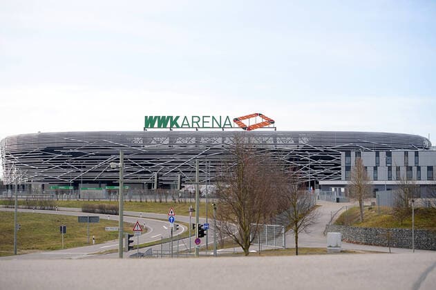 Fußball, Stadiongeschichte FC Augsburg 14.03.2020, xemx, Fussball 1.Bundesliga, FC Augsburg, WWK Arena verschlossen emspor, v.l. WWK Arena - Ansicht Stadion von Aussen (DFL DFB REGULATIONS PROHIBIT ANY USE OF PHOTOGRAPHS as IMAGE SEQUENCES and or QUASI-VIDEO) Augsburg