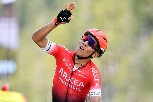 VALDEBLORE LA COLMIANE, FRANCE - MARCH 14 : QUINTANA Nairo (COL) of TEAM ARKEA - SAMSIC celebrates the victory of stage 7 of the 78th edition of the Paris - Nice cycling race, a stage of 166,5km with start in Nice and finish in Valdeblore La Colmiane on March 14, 2020 in Valdeblore La Colmiane, France, 14 03 2020 CYCLISME : Paris - Nice 2020 - Etape 7 - Nice Valdeblore-La Colmiane - 14 03 2020 PhotoNews Panoramic 