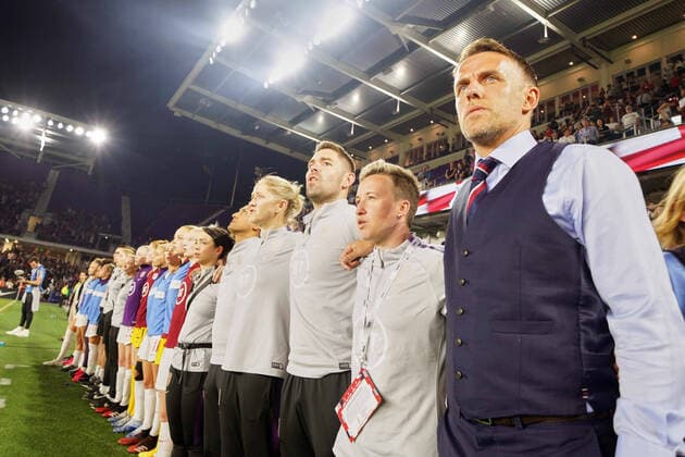 March 5, 2020, Orlando, FL, USA: ORLANDO, FL - MARCH 05: England head coach Phil Neville looks on prior to the start of the Women s SheBelieves Cup match between the USA and England on March 05, 2020 at Exploria Stadium in Orlando, FL. USA defeated Eangland by the score of 2-0. ( Icon Sportswire) Orlando USA - ZUMAi88_ 20200305_zaf_i88_058 Copyright: xRobinxAlamx