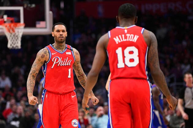 March 1, 2020, Los Angeles, CA, USA: LOS ANGELES, CA - MARCH 01: Philadelphia 76ers Forward Mike Scott (1) celebrates with Philadelphia 76ers Guard Shake Milton (18) during a NBA, Basketball Herren, USA game between the Philadelphia 76ers and the Los Angeles Clippers on March 1, 2020 at STAPLES Center in Los Angeles, CA. ( Icon Sportswire) Los Angeles USA - ZUMAi88_ 20200301_zaf_i88_138 Copyright: xBrianxRothmullerx