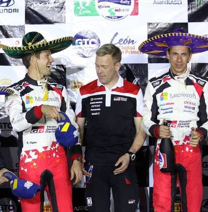 French Pilot Sebastien Ogier (L) and his Co-pilot, Julien Ingrassia (R), celebrate after winning the 2020 Guanajuato Rally, in Leon, Mexico, 14 March 2020. Ogier of Toyota Gazoo Racing team obtained his sixth title of the Rally Mexico 2020 this Saturday on the third date of the World Championship, WM, Weltmeisterschaft that was run in the state of Guanajuato, in the center of the Mexican Republic. EFE Luis Ramírez French Ogier achieves his sixth victory in Mexico on the third date of the WRC, Motorsport Rallye, WM !ACHTUNG: NUR REDAKTIONELLE NUTZUNG!  Copyright: xLuisxRamírezx MEX7669 20200315-637198483938117231