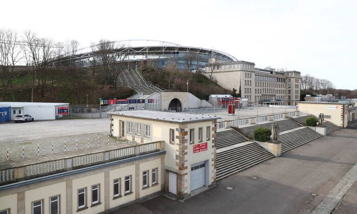 Red Bull Arena Leipzig, 15.03.2020, Ansicht der Red Bull Arena, Heimstatt des Fußball-Bundesligisten RasenBallsport Leipzig RB Leipzig. , Im Bild: Außenansicht. ,