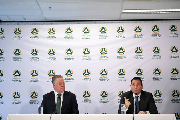 FFA CORONAVIRUS PRESSER, FFA Head of Leagues Greg O Rourke (left) and FFA CEO James Johnson speak to the media in Sydney, Monday, March 16, 2020. ( NO ARCHIVING, EDITORIAL USE ONLY, NO USE IN BOOKS WITHOUT CONSENT SYDNEY NSW AUSTRALIA  Copyright: xJOELxCARRETTx 98021971st