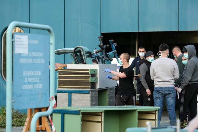 Zagreb: Dinamo fans help evacuate Dubrava Clinical Center 18.03.2020., Croatia, Zagreb - Dinamo fans, the Bad Blue Boys, have been urged to help move things out of KB Dubrava Hospital, which becomes a respiratory center in Zagreb during the coronavirus epidemic. EmicaxElvedji PIXSELL