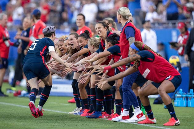 FRISCO, TX - MARCH 11: USA midfielder Megan Rapinoe ( 15) celebrates with her teammates after scoring a goal during the SheBelieves Cup soccer game between the USA and Japan on March 11, 2020, at Toyota Stadium in Frisco, TX. (Photo by Matthew Visinsky Icon Sportswire) SOCCER: MAR 11 Women s SheBelieves Cup - USA v Japan Icon200311032