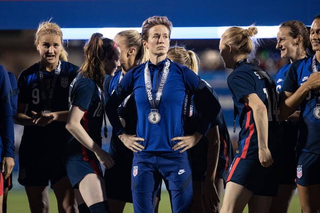 FRISCO, TX - MARCH 11: USA midfielder Megan Rapinoe ( 15) looks out at the crowd after receiving her championship medal during the SheBelieves Cup soccer game between the USA and Japan on March 11, 2020, at Toyota Stadium in Frisco, TX. (Photo by Matthew Visinsky Icon Sportswire) SOCCER: MAR 11 Women s SheBelieves Cup - USA v Japan Icon200311078