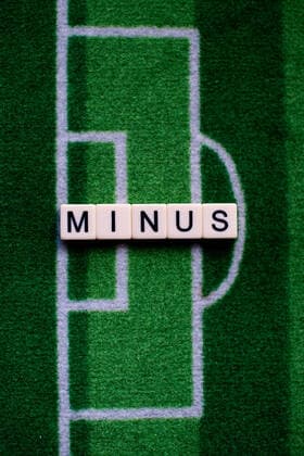 Das Coronavirus (Covid-19) verursacht Veranstaltungsabsagen von beispielsweise Fußballspielen der Bundesligaprofiligen auf unbestimmte Zeit und viele Auswirkungen, im Bild: Das Wort Minus auf einem Fußballteppich. Deutschland