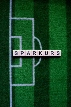 Das Coronavirus (Covid-19) verursacht Veranstaltungsabsagen von beispielsweise Fußballspielen der Bundesligaprofiligen auf unbestimmte Zeit und viele Auswirkungen, im Bild: Das Wort Sparkurs auf einem Fußballteppich. Deutschland