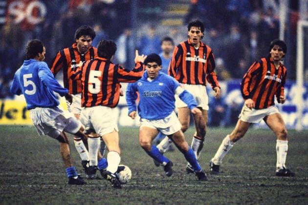 DIEGO MARADONA, Napoli, CARLO ANCELOTTI, DIEGO FUSER, GIOVANNI STROPPA, AC Milan, Italian Cup Semi Final, Milan vs Napoli 0-0, Milano COPPA ITALIA 1989-90 SEMI FINALE MILAN-NAPOLI 0-0