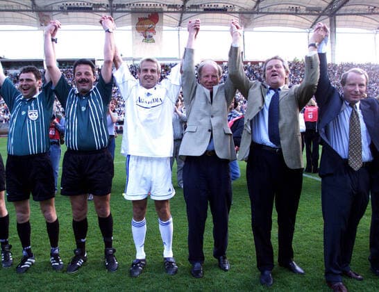 Jürgen Klinsmann Abschiedsspiel v.l. Bernd Heynemann, Hans Wolf, Jürgen Klinsmann, Helmut Benthaus, Arie Haan, Berti Vogts Foto Rudel Jürgen Klinsmann Abschiedsspiel v.l. Bernd Heynemann, Hans Wolf, Jürgen Klinsmann, Helmut Benthaus, Arie Haan, Berti Vogts Foto Rudel