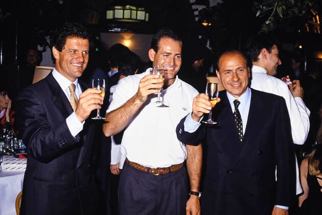 FABIO CAPELLO, DAVID CAMPESE, SILVIO BERLUSCONI, AC Milan, Mediolanum Rugby, Serie A, Celebrating Serie A winning, Milano SERIE A 1992-93 FESTA SCUDETTO MILAN