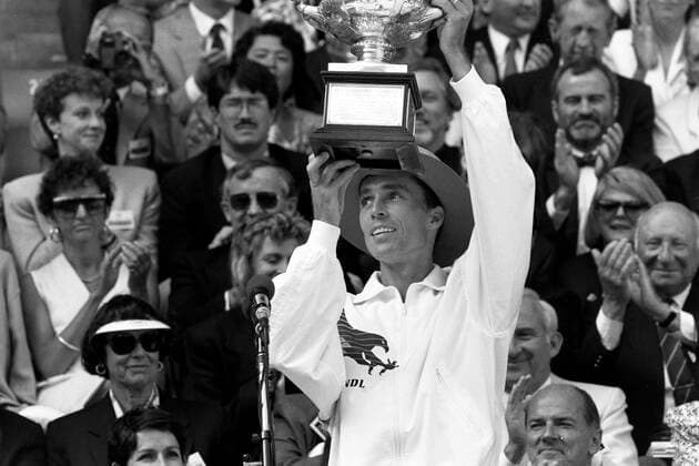 900128 Tennis, Australian Open: Ivan Lendl of The Czech Republic celebrates with the trophy after a walk over win against Swedens Stefan Edberg in the Australian Open final on January 28, 1990 in Melbourne, Australia. BILDBYRAN Copyright: ARNExFORSELL BB900128BB016