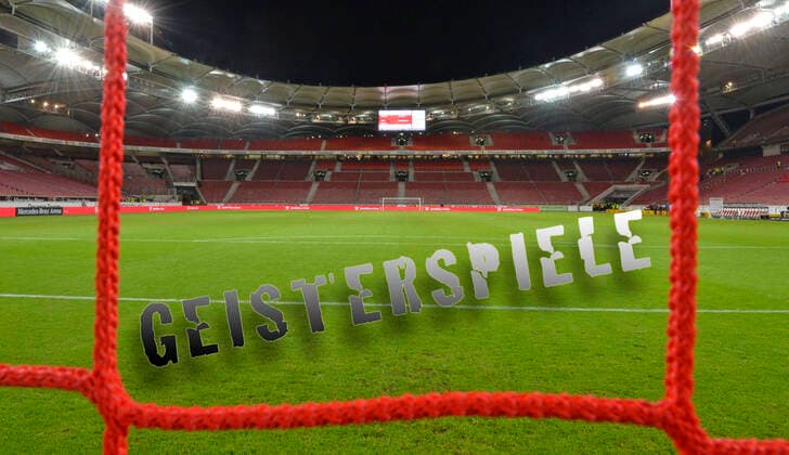 08.04.2020, Fussball 1. und 2. Bundesliga 2019 2020, VfB Stuttgart, leere Mercedes-Benz Arena in Stuttgart, Leere Ränge im ganzen Stadion nach dem Spiel. (Symbolbild Geisterspiele Collage) *** 08 04 2020, Soccer 1 and 2 Bundesliga 2019 2020, VfB Stuttgart, empty Mercedes Benz Arena in Stuttgart, Empty ranks in the whole stadium after the game Symbol image Ghost games Collage