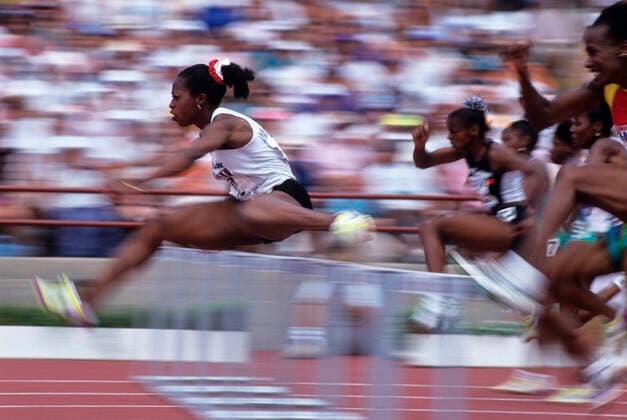 Track and Field Gail Devers competing in the 100 meter hurdles at the 1992 US Olympic Track and Field Trials. New Orleans LA USA Copyright: xStevenxExSutton DUOMO PCNx TF0102 072619