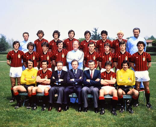 SQUADRA, ALVARO GASPERINI, ALBERTO MINOIA, STEFANO CHIODI, GIORGIO MORINI, ROBERTO ANTONELLI, WALTER ALFREDO NOVELLINO, RUBEN BURIANI, ARISTIDE FACCHINI. SIMONE BOLDINI, ALDO MALDERA, FULVIO COLLOVATI, ALDO BET, NILS LIEDHOLM, WALTER DE VECCHI, FRANCO BARESI, GIOVANNI SARTORI, FABIO CAPELLO. ENRICO ALBERTOSI, ALBERTINO BIGON, SANDRO VITALI, FELICE COLOMBO, GIOVANNI MONTI, GIANNI RIVERA, ANTONIO RIGAMONTI, team group, Mannschaftsbild, Totale AC Milan, Serie A Winner 1978-79 SERIE A 1978-79 MILAN CAMPIONE D ITALIA