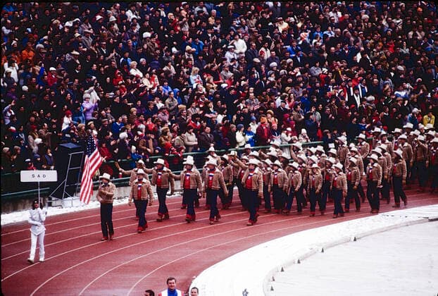 Olympic Opening Ceremonies Frank Masley, Flag bearer leads Team USA marching in the Opening ceremonies at the 1984 Olympic Winter games, Winterspiele,Spiele, Summer games Sarajevo, Yugoslavia Copyright: xPaulxJxSutton DUOMO PCNx CR0701 106018