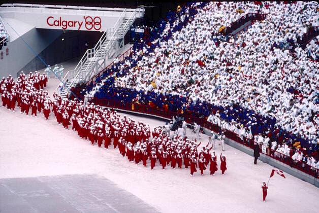 Olympic Opening Ceremonies Team Canada marching in the Opening ceremonies at the 1988 Olympic Winter games, Winterspiele,Spiele, Summer games Calgary, Alberta, Canada Calgary Alberta Canada Copyright: xPaulxJxSutton DUOMO PCNx CR0701 106022