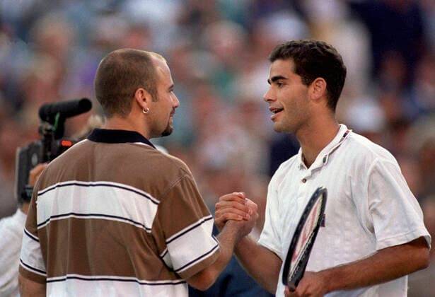 Tennis Pete Sampras (USA) congratulated by Andre Aggasi (USA) on his victory at the 1995 US Open Tennis Championships New York Flushing Meadows NY USA Copyright: xStevenxE.xSutton DUOMO PCNx TN0302 106102