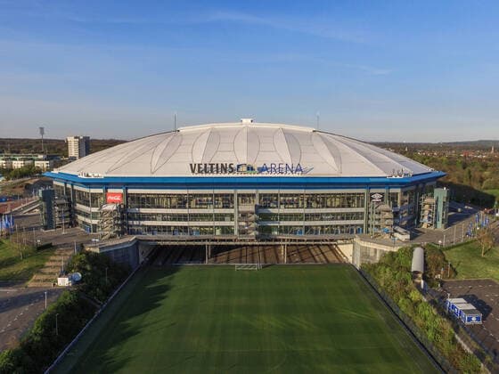 11.04.2020, Fussball, Saison 2019 2020, Luftaufnahmen von der Veltins Arena und Vereinsgelände des FC Schalke 04, Gelsenkirchen NRW Deutschland xRHR-FOTO TRx