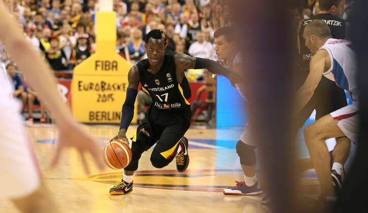 Foto : Dennis Schröder ( GER ) Basketball EM in Berlin , am So. 06.09.2015 Länderspiel Deutschland - Serbien