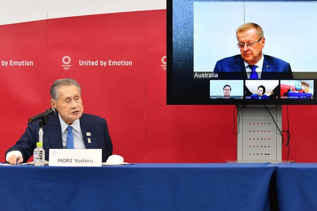 Bilder des Jahres 2020, Sport 04 April Sport Themen der Woche KW16 April 16, 2020, Tokyo, Japan: Tokyo 2020 President Yoshiro Mori (L), and CEO Toshiro Muto (not his image) attend from Tokyo with John Coates, Chairman of the IOC s Coordination Commission for the Tokyo 2020 Olympic Games, Olympische Spiele, Olympia, OS Alex Gilady, Vice Chairman of the IOC s Coordination Commission for the Tokyo 2020 Olympic Games, and Christophe Dubi, Olympic Games Executive Director, during an executive project review meeting between the International Olympic Committee (IOC) and the Tokyo Organising Committee of the Olympic and Paralympic Games (Tokyo 2020) in Tokyo on April 16, 2020 via teleconference. Tokyo Japan - ZUMAz114 99426785st Copyright: xPOOLx