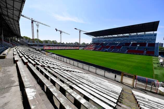 BRUSSELS, BELGIUM - APRIL 16 : Illustration picture of the Bosuil Stadium, home of Royal Antwerp FC, during the lockdown to stop the spreading of Covid-19. The Jupiler Pro League championship is suspended due to the outbreak of COVID-19. And there wil be no mass events until august 31. Illustration pictures on April 16, 2020 in Brussels, Belgium, 16 04 2020 FOOTBALL : Coronavirus en Belgique - 16 04 2020 PhotoNews Panoramic 