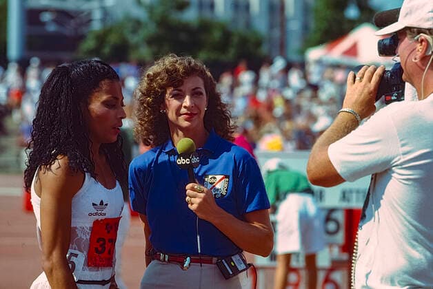 Florence Griffith Joyner competing at the 1988 US Olympic Team Trials. Florence Griffith Joyner being interviewed by Kathrine Switzer of ABC Sports at the 1988 US Olympic Team Trials. Indianapolis Indiana United States Copyright: xStevenxExSutton DUOMO PCNx TF1202_046743