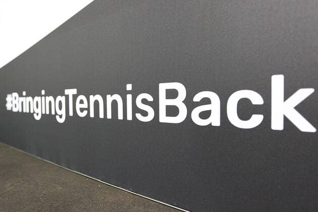 Das Motto der Tennis Exhibition Serie in Hoehr-Grenzhausen auf einer Bande: BringingTennisBack Tennis Exhibition Serie in Hoehr-Grenzhausen Tennis Exhibition Serie in Hoehr-Grenzhausen Hoehr-Grenzhausen Copyright: xEibner-Pressefotox