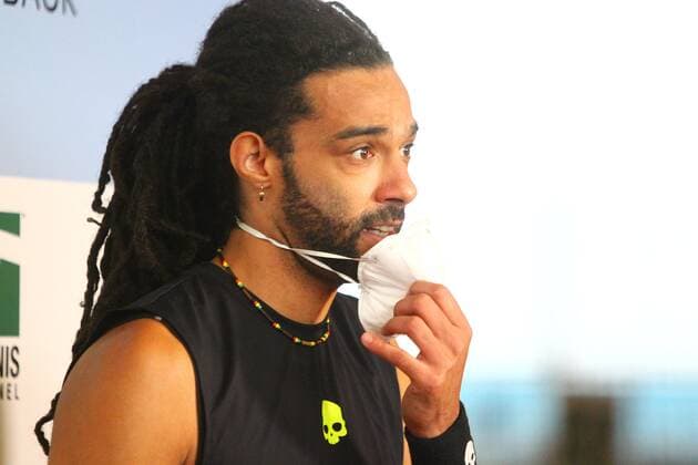 Dustin Brown mit Mundschutz bei Tennis Exhibition Serie in Hoehr-Grenzhausen Tennis Exhibition Serie in Hoehr-Grenzhausen Tennis Exhibition Series in Hoehr-Grenzhausen Hoehr-Grenzhausen Copyright: xEibner-Pressefotox
