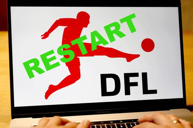 Symbolfoto am 02.05.2020 Auf einem Laptop das Logo der DFL.. Vertagt die Entscheidung wann und ob die Bundesliga wieder losgehen kann.