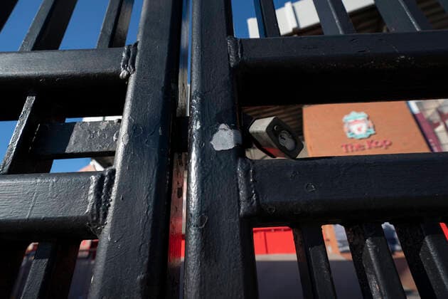 (200503) -- LIVERPOOL, May 3, 2020 -- Liverpool Football Club s Anfield Stadium is locked and empty as events continue to be suspended during the COVID-19 pandemic in Liverpool, Britain, May 2, 2020. (Photo by Jon Super Xinhua) (SP) BRITAIN-LIVERPOOL-COVID-19-PREMIER LEAGUE HanxYan 