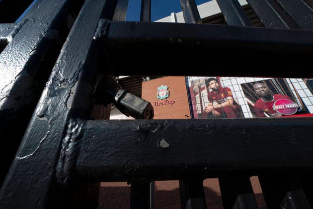 (200503) -- LIVERPOOL, May 3, 2020 -- Liverpool Football Club s Anfield Stadium is locked and empty as events continue to be suspended during the COVID-19 pandemic in Liverpool, Britain, May 2, 2020. (Photo by Jon Super Xinhua) (SP) BRITAIN-LIVERPOOL-COVID-19-PREMIER LEAGUE HanxYan 