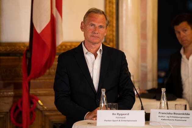 Koebenhavns Overborgmester Frank Jensen, DBUs formand Jesper Moeller, formand i DBU, formand for Parken & Entertainment Bo Rygaard, og kultur- og fritidsborgmester i Koebenhavns Kommune Franciska Rosenkilde, paa et pressemoede om afklaring paa Koebenhavns EM-vaertskab i sommeren 2021, paa Koebenhavns Raadhus torsdag den 7. maj 2020.. , Copenhagen Denmark Copyright: UngerxAnthon AnthonxUngerx cop333 spdk20200507-203114-L