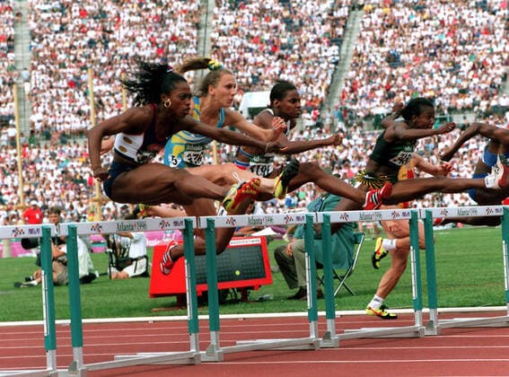 960731 Summer Olympics 1996, Athletics: Gail Devers of USA and gold medalist Ludmila Engquist of Sweden during womens 100 m hurdles at The Summer Olympic Games, Olympische Spiele, Olympia, OS on July 31, 1996 in Atlanta, USA. BILDBYRAN *** 960731 Summer Olympics 1996, Athletics Gail Devers of USA and gold medalist Ludmila Engquist of Sweden during womens 100 m hurdles at The Summer Olympic Games on July 31, 1996 in Atlanta, USA BILDBYRAN,  Copyright: LENNARTxMANSSON BB960731BB027