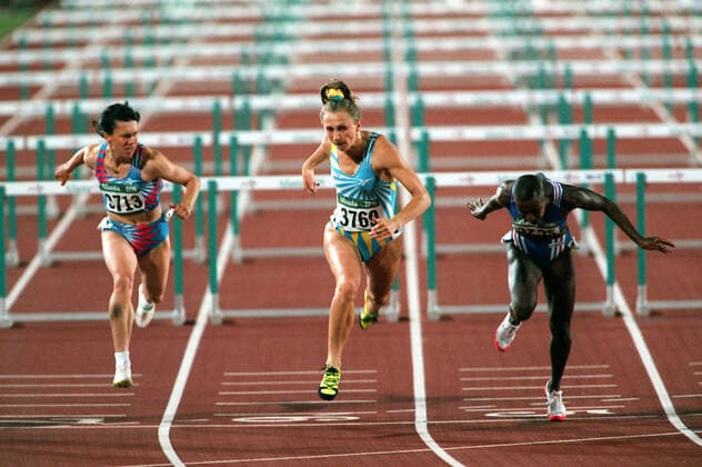 960731 Summer Olympics 1996, Athletics: Gold medalist Ludmila Engquist of Sweden (C) wins womens 100 m hurdles before bronze medalist Patricia Girard of France (R) at The Summer Olympic Games, Olympische Spiele, Olympia, OS on July 31, 1996 in Atlanta, USA. BILDBYRAN *** 960731 Summer Olympics 1996, Athletics Gold medalist Ludmila Engquist of Sweden C wins womens 100 m hurdles before bronze medalist Patricia Girard of France R at The Summer Olympic Games on July 31, 1996 in Atlanta, USA BILDBYRAN,  Copyright: LENNARTxMANSSON BB960731BB036