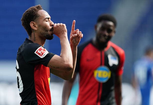 Fussball 0:3 Tor, Jubel, Torschuetze Matheus Cunha (Berlin) Sinsheim, 16.05.2020, Fussball Bundesliga, TSG 1899 Hoffenheim - Hertha BSC Berlin Foto: Thorsten Wagner Witters POOL Verbreitung via Michael Weber IMAGEPOWER Sinsheim