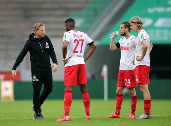 Fussball v.l. Trainer Markus Gisdol, Anthony Modeste, Dominick Drexler, Sebastiaan Bornauw (Koeln) Koeln, 24.05.2020, Fussball Bundesliga, 1. FC Koeln - Fortuna Duesseldorf 2:2 NRW Deutschland, DFL regulations prohibit any use of photographs as image sequences and or quasi video.