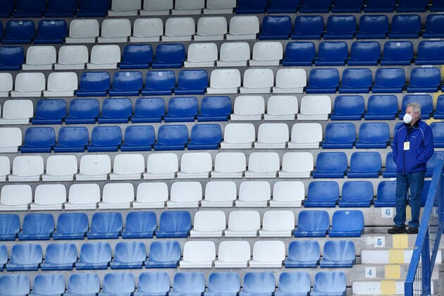 CTK Pool ** Utkani 26. kola prvni fotbalove ligy Slovan Liberec - 1. FC Slovacko 30. kvetna 2020 v Liberci. Tribuny stadionu zustaly temer prazdne kvuli omezenim zavedenym k zamezeni sireni koronaviru. CTKPhotoP202005300330501 PER 1